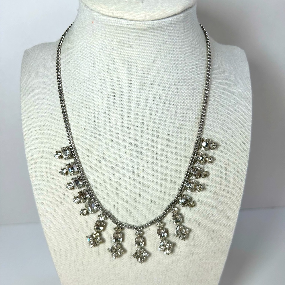 Vintage Czechoslovakia Silver Tone Rhinestones Chain Choker Dangle Necklace